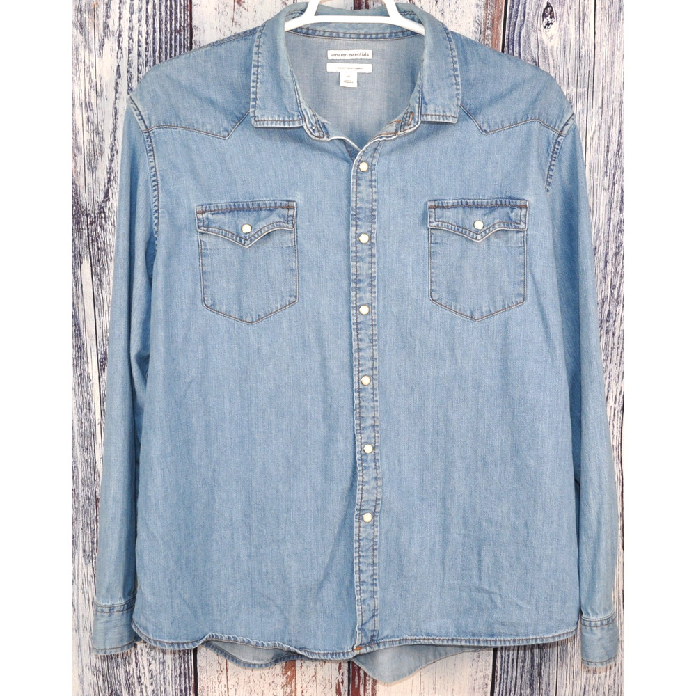 Amazon Essentials Denim Pearl Snap Mens XXL Cotton Western Cowboy Shirt